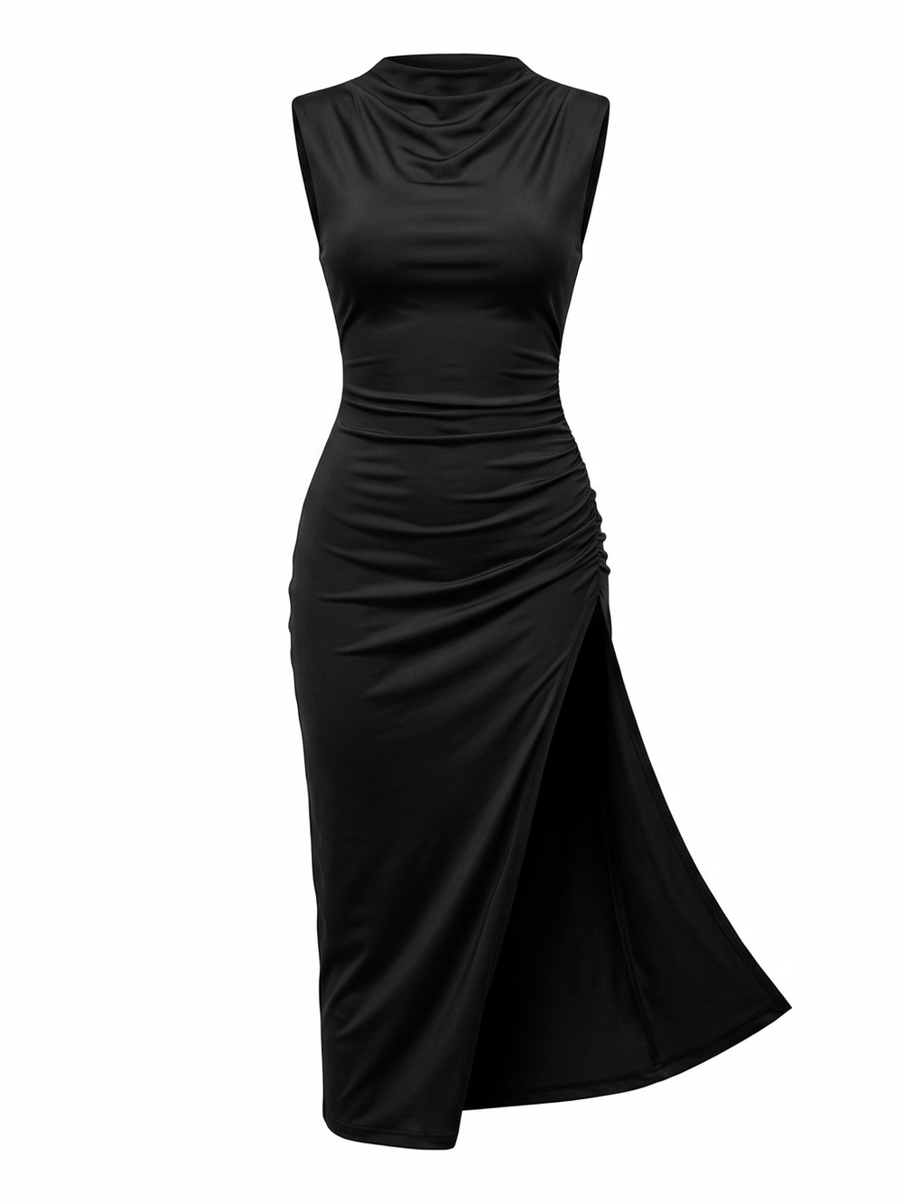 Fashion Nova Black Sleeveless Cowl Neck Ruched Maxi Dress with Side Slit Size 2X